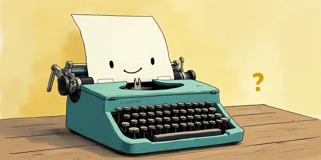 a typewriter with a face drawn on it and a caption for the words opinion and a question, Edward Otho