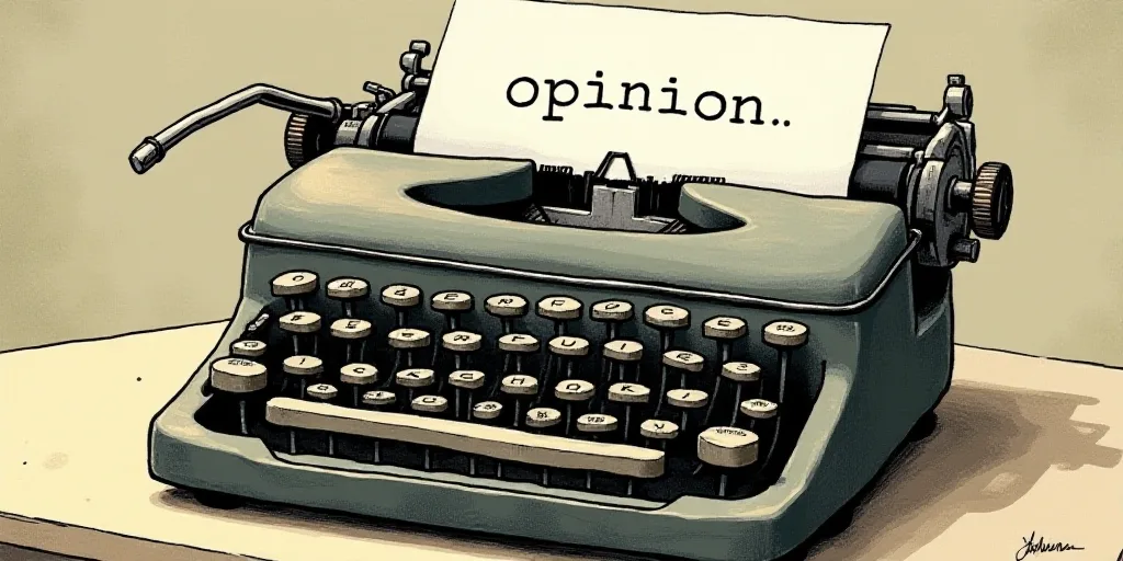 a typewriter with a face drawn on it and a caption for the words opinion and a question, Edward Otho