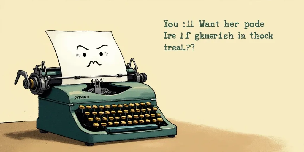 a typewriter with a face drawn on it and a caption for the words opinion and a question, Edward Otho