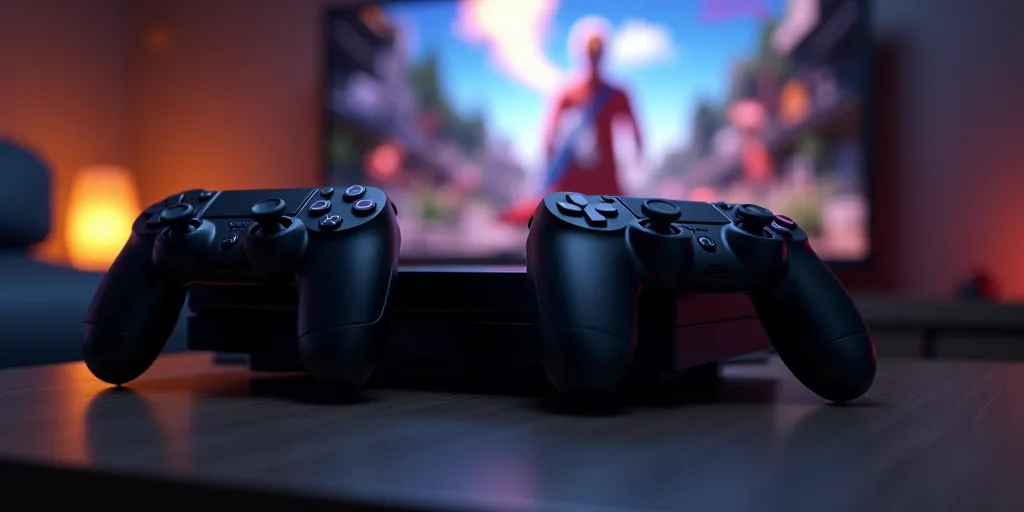 a video game system with two controllers and a tv in the background with a video game on the wall, A