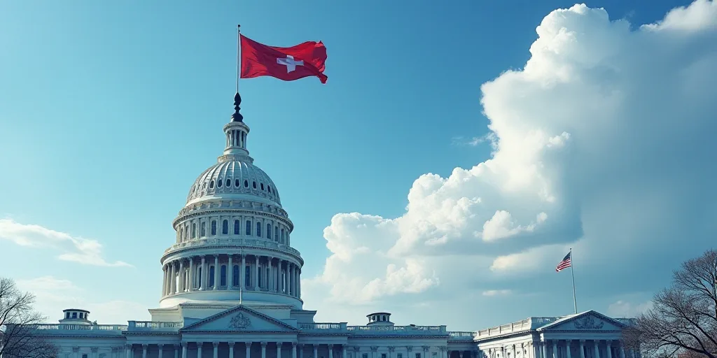 a view of the dome of the capitol building with a flag flying in the foreground and a blue sky in th