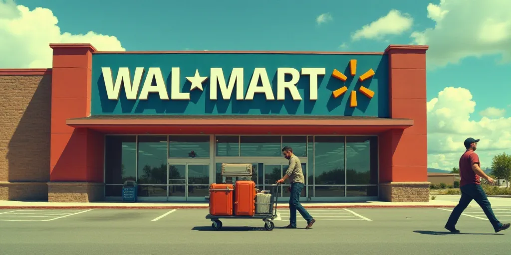 a walmart store with a man pushing a cart of luggage in front of it and a man walking by, Doug Ohlso