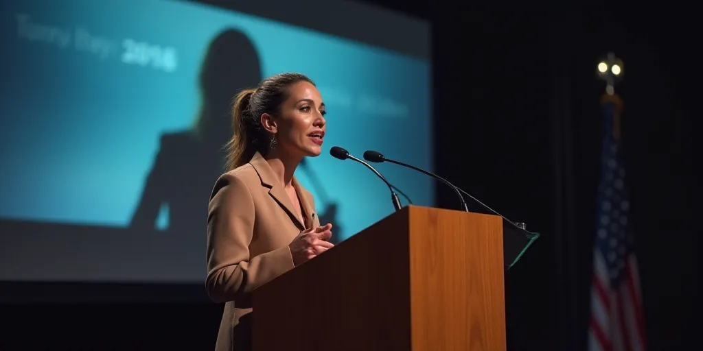 a woman giving a speech at a podium with a microphone in front of her and a screen behind her, Arace