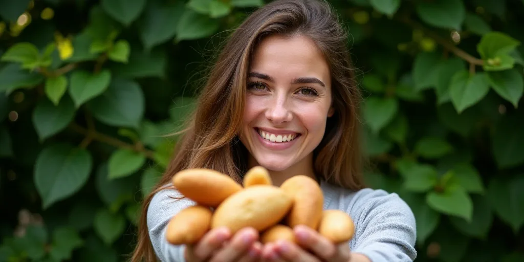 a woman holding a bunch of bread in her hands and smiling at the camera with a green bush behind her
