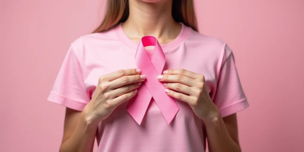 a woman holding a pink ribbon in her hands with both hands together to show the pink ribbon on her c