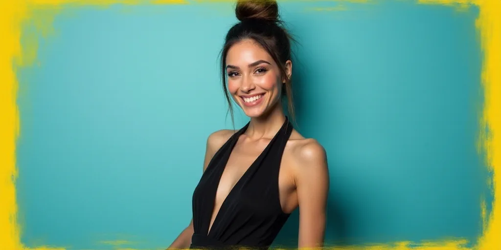 a woman in a black dress is smiling for a picture with a blue background and a yellow border around