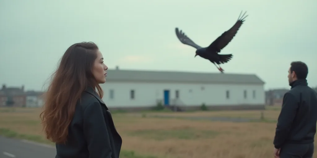 a woman in a black jacket and a bird flying in the air near her and a man in a black jacket and a wh