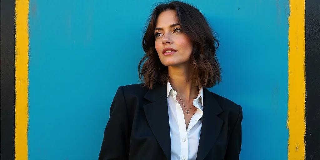 a woman in a black jacket and white shirt is standing in front of a blue background with a black and