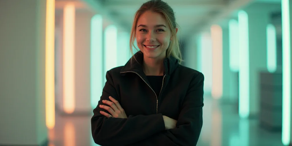 a woman in a black jacket is smiling for the camera with her arms crossed and her hands folded in fr