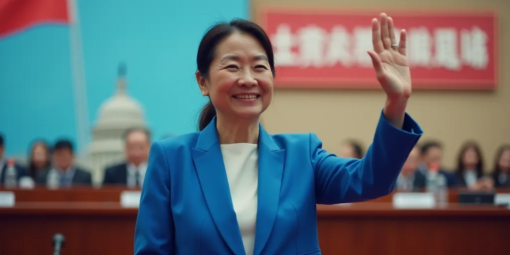 a woman in a blue suit waves to the crowd at a press conference in china, with a large poster behind