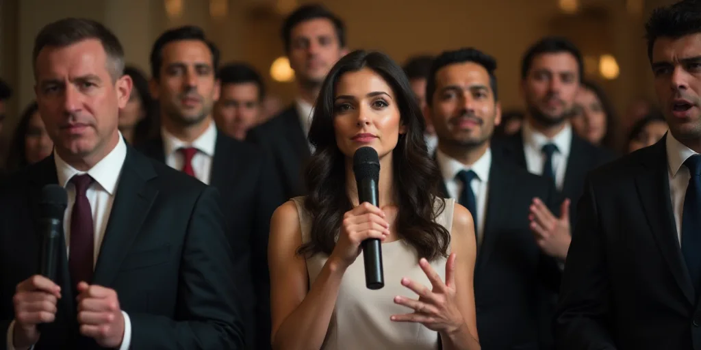 a woman in a crowd of people with microphones in her hands and a man in a suit and tie, Araceli Gilb