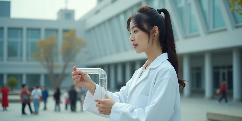 a woman in a lab coat holding a pipe and a building with people in the background and a woman in a w