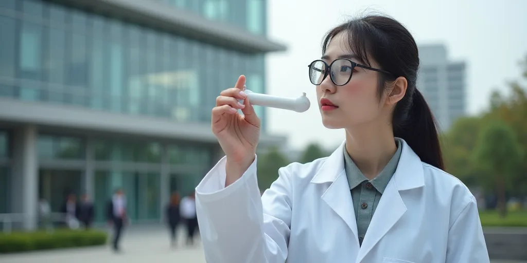 a woman in a lab coat holding a pipe and a building with people in the background and a woman in a w