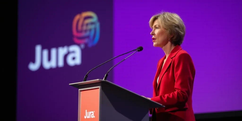a woman in a red jacket speaking into a microphone at a podium with a purple background and a jura l