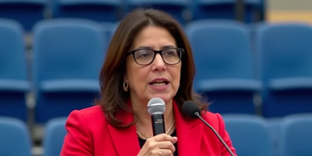 a woman in a red suit and glasses speaking into a microphone at a press conference in a stadium with
