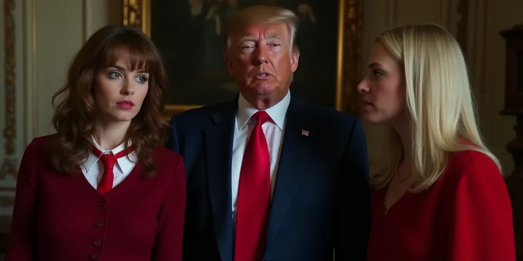 a woman in a red tie and president donald trump in a blue suit and a woman in a red sweater, Ancell