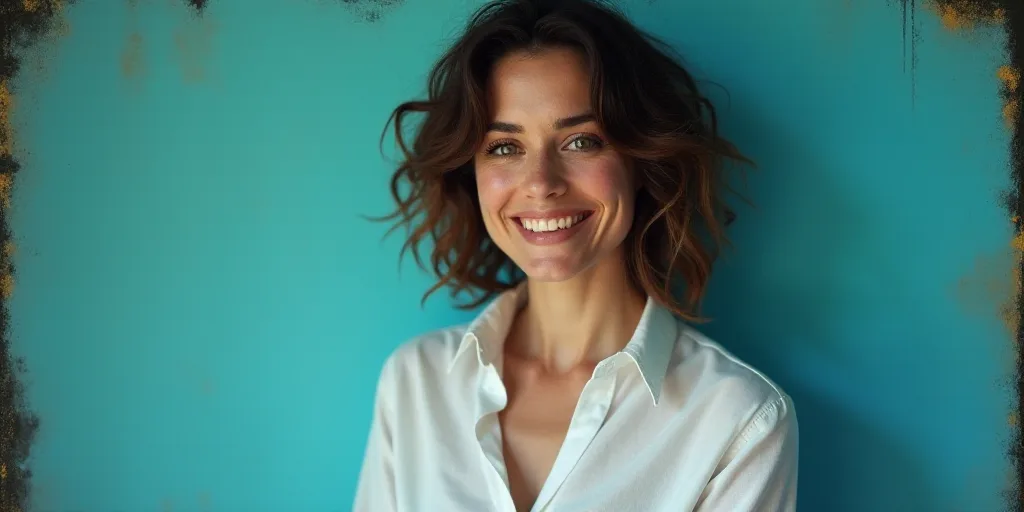 a woman in a white shirt is smiling for the camera with a blue background and a black and yellow bor