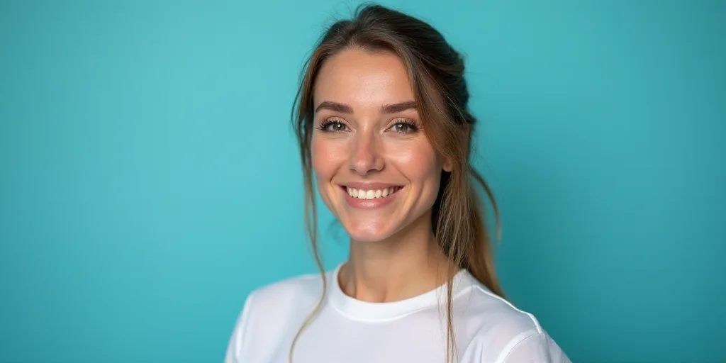 a woman in a white top is smiling for the camera with a blue background and a black and yellow borde