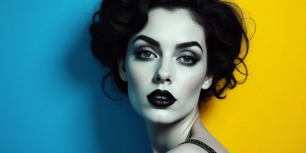 a woman in black and white with a blue background and a blue and yellow background with a black and