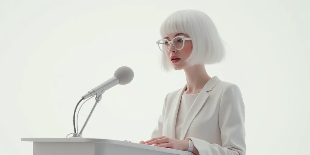 a woman in glasses speaking into a microphone at a podium with a microphone in front of her and a wh