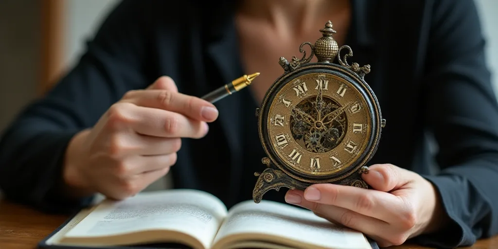 a woman is holding a clock in her hand and pointing at it with a pen and a notebook in front of her,