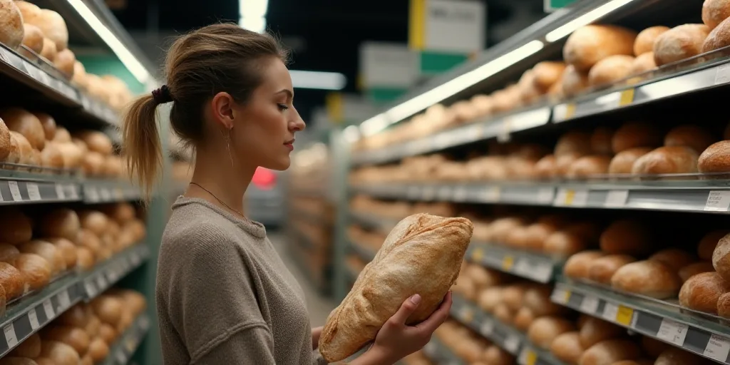 a woman is looking at a bag of bread in a grocery store aisle and is looking at the bag, Avgust Čer