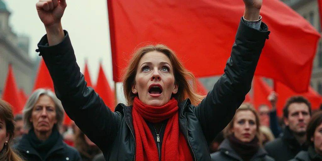 a woman is raising her hands in the air at a rally with other people behind her and a red sign behin