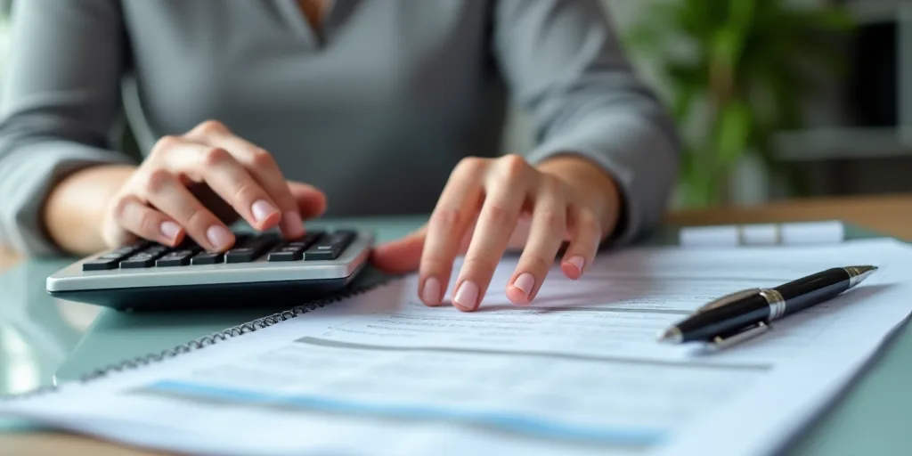 a woman is using a calculator on a desk with a calculator and a pen and paper, Avgust Černigoj, goo