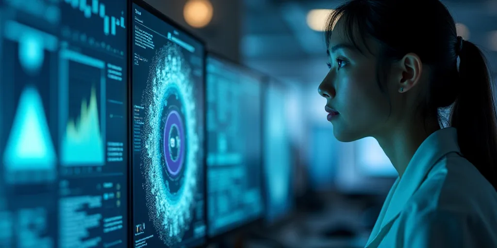 a woman looking at a computer screen with a science theme in the background and a science themed ima
