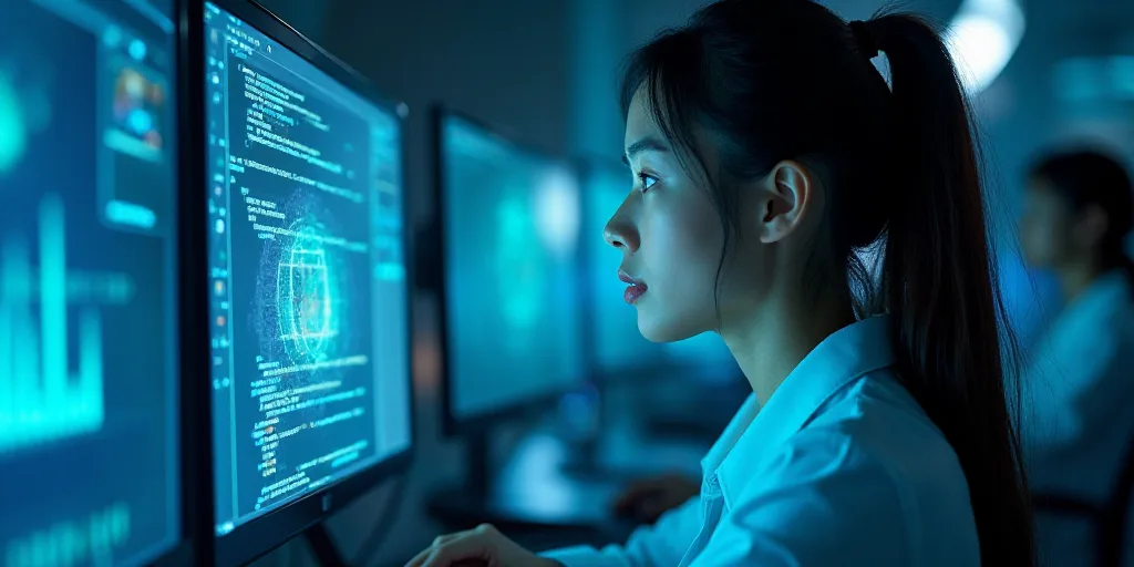 a woman looking at a computer screen with a science theme in the background and a science themed ima
