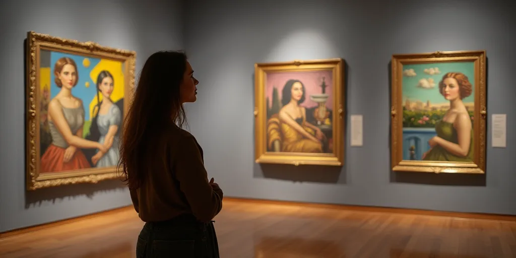a woman looking at paintings on display in a museum gallery, with a woman looking at them in the for