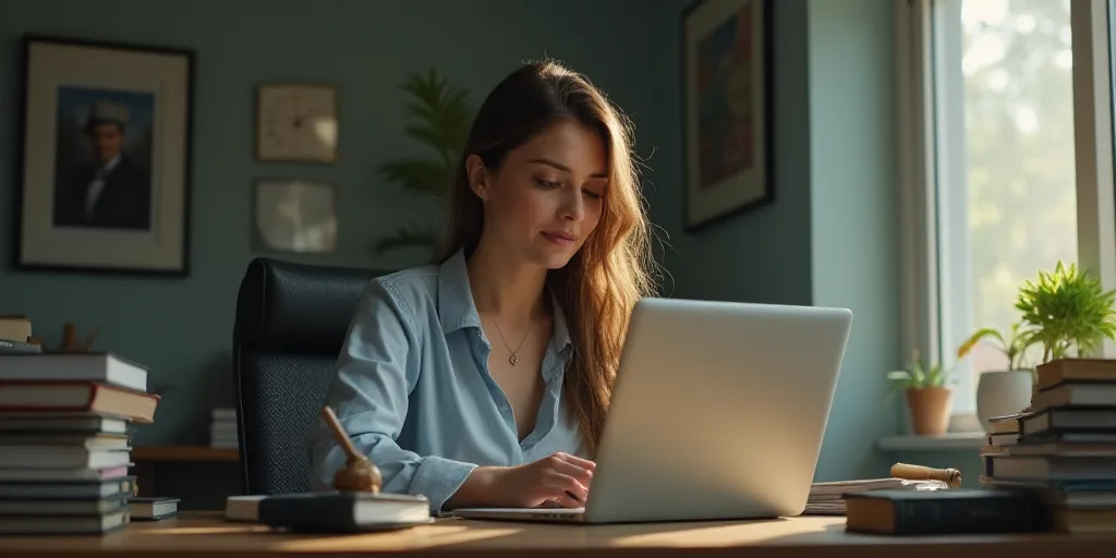 a woman sitting at a desk with a clock and a laptop computer on it, with a stack of books in front o