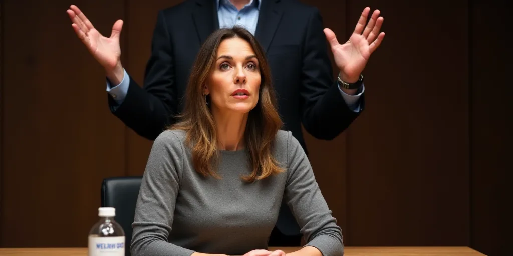 a woman sitting at a table with a microphone in front of her and a man standing behind her with his