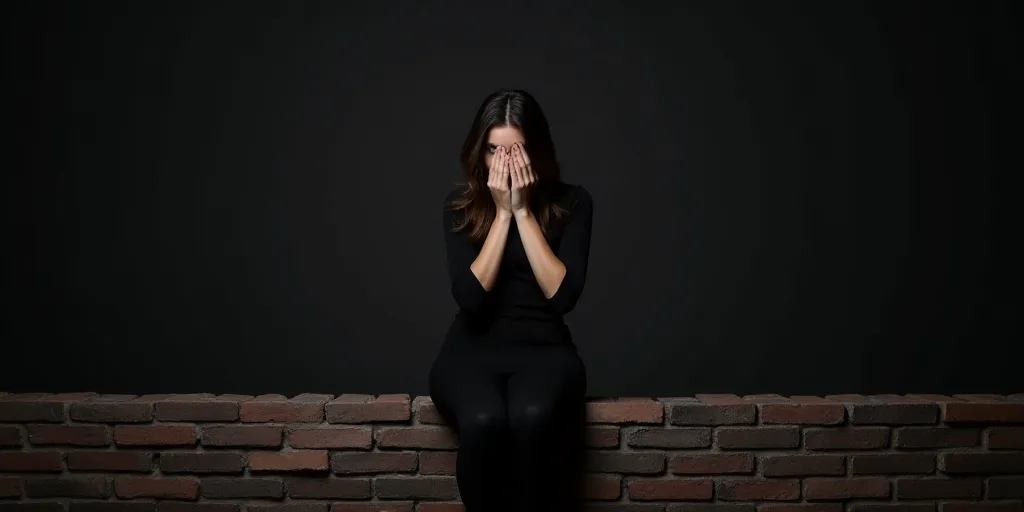 a woman sitting on a brick wall covering her eyes with her hands and covering her eyes with her hand