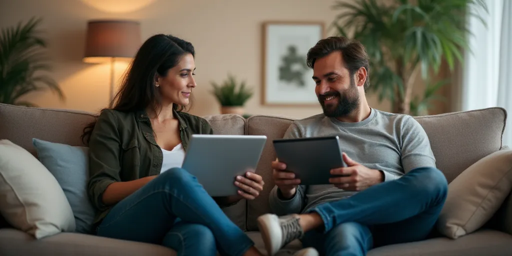 a woman sitting on a couch holding a tablet computer next to a man and a woman sitting on a couch, E
