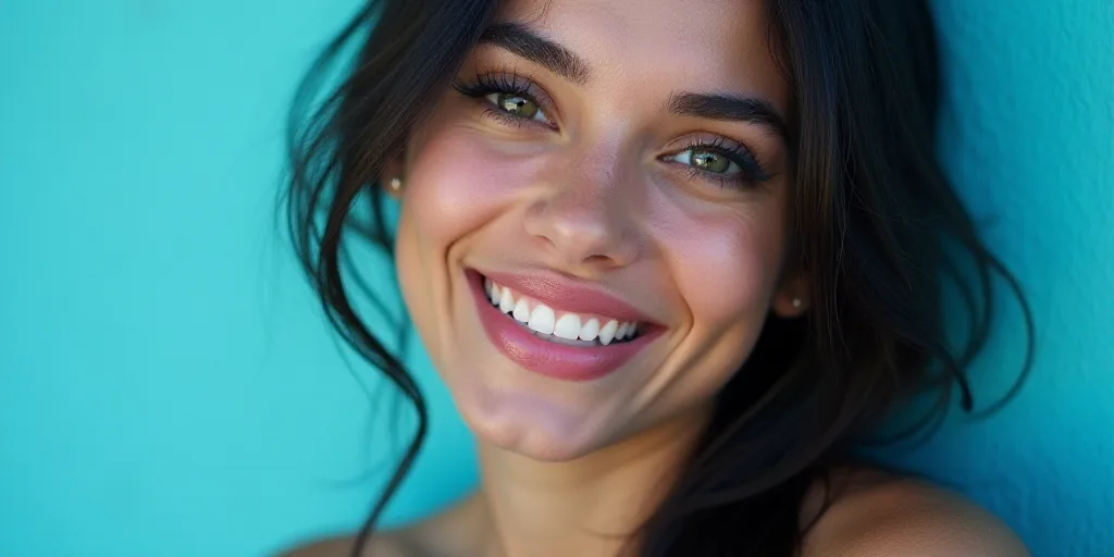 a woman smiling with a blue background and a black and white photo of her with the caption, melly ac