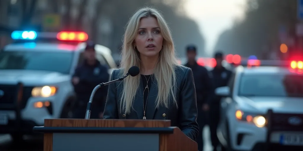 a woman speaking at a podium in front of a bunch of police cars and police officers in the backgroun