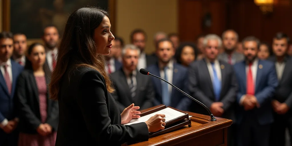 a woman standing at a podium in front of a crowd of people in suits and ties, with a microphone in f