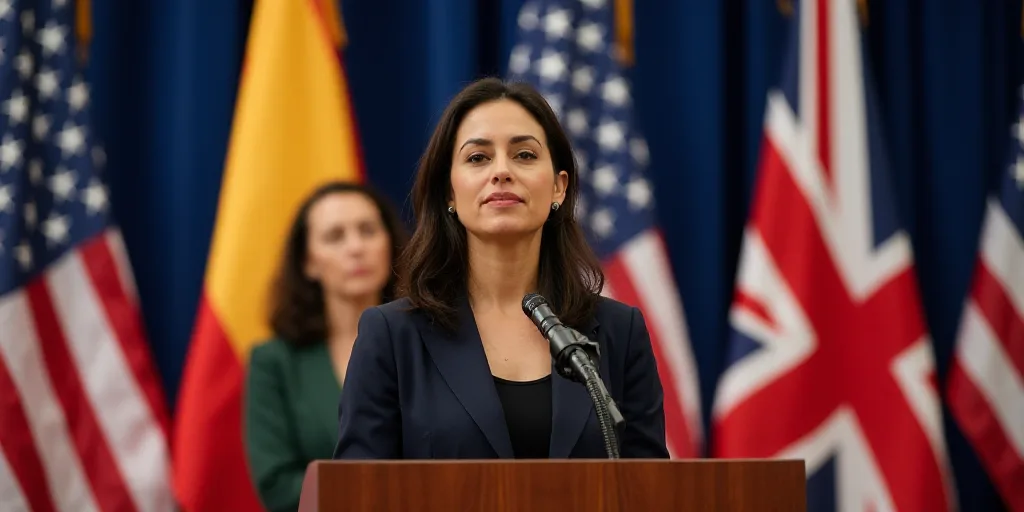 a woman standing at a podium with a microphone in front of her and another woman standing behind her
