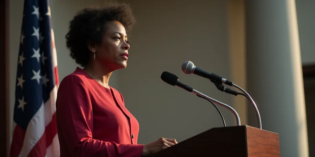 a woman standing at a podium with a microphone in front of a flag and a microphone in front of a mic
