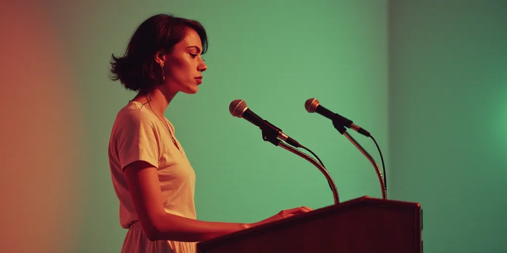 a woman standing at a podium with a microphone in front of her and a microphone in front of her, Ada