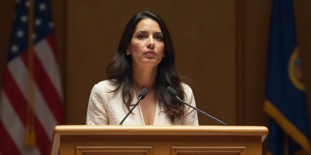 a woman standing at a podium with a microphone in front of her and a sign behind her that says confe