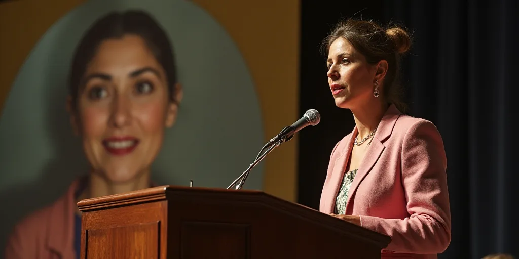 a woman standing at a podium with a microphone in front of her and a picture of a woman behind her,