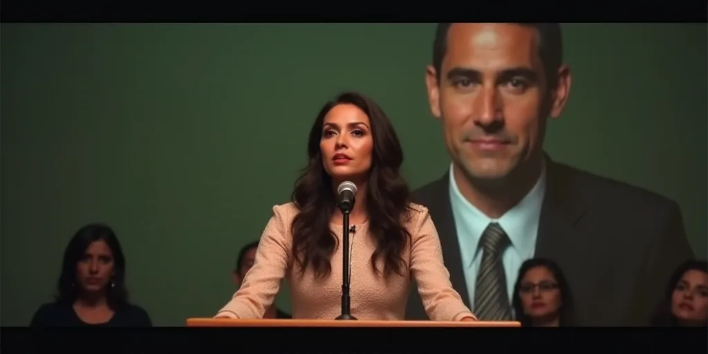 a woman standing at a podium with a microphone in front of her and a picture of a man behind her, Ev