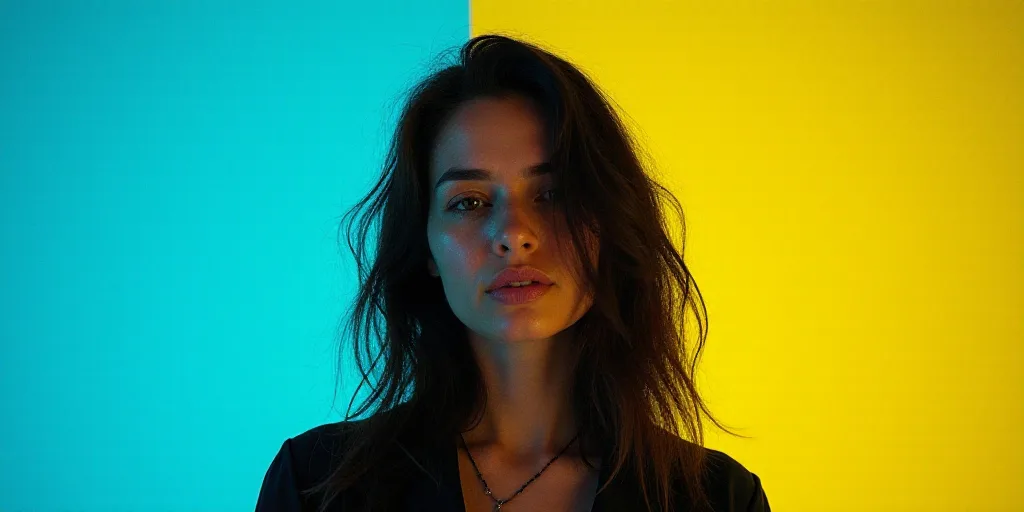 a woman standing in front of a blue and yellow background with the words, alexia bautista, columbia