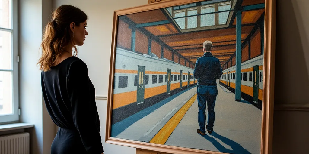 a woman standing next to a painting of a train station and a man standing next to it in a room, Cami