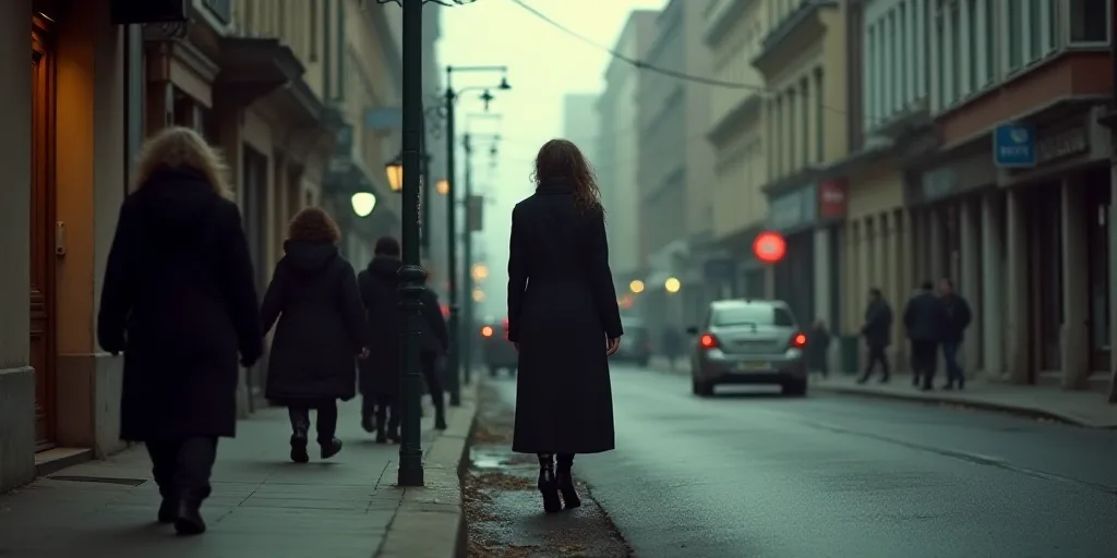 a woman standing on a street with a group of people walking by her on a sidewalk with a car parked o