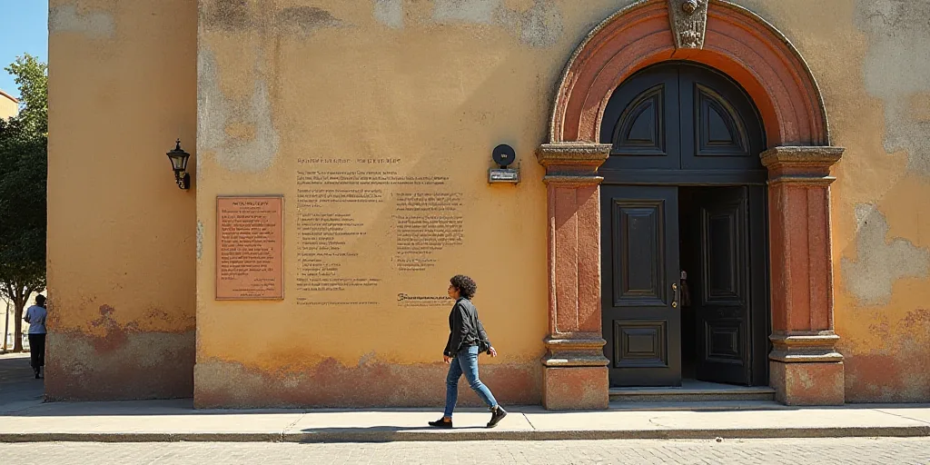 a woman walking past a building with a large plaque on it's side and people walking by it, David Alf