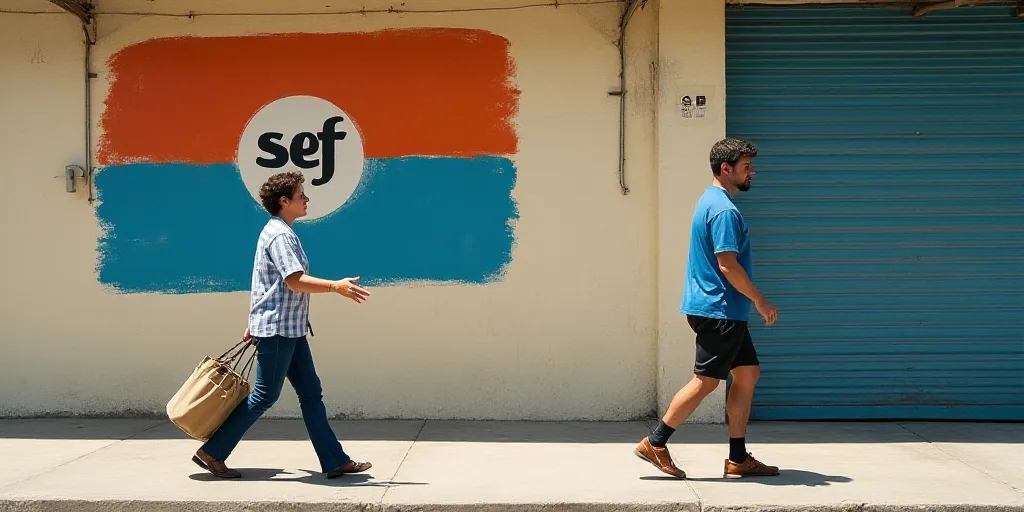 a woman walking past a sign that says sef in spanish and a man in a blue shirt is walking by, Carlos