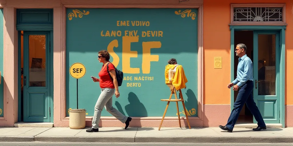 a woman walking past a sign that says sef in spanish and a man in a blue shirt is walking by, Carlos